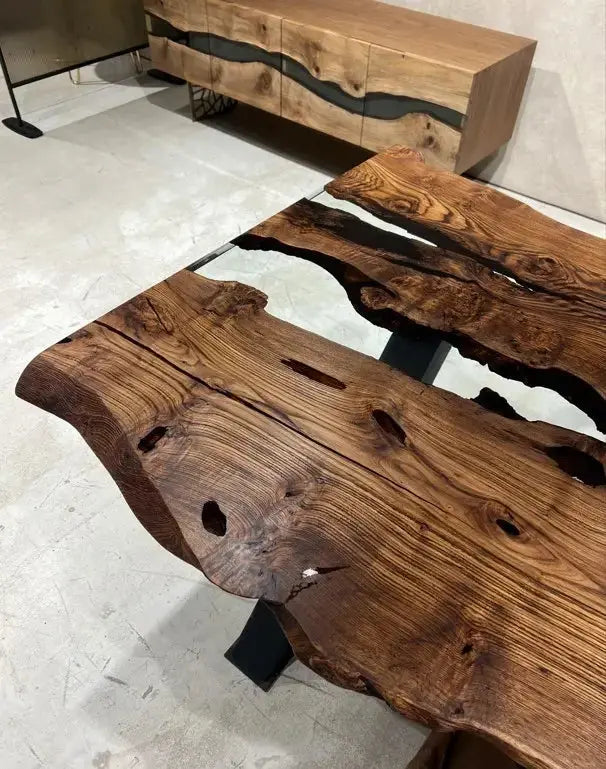 Live Edge, Epoxy Resin River Dining Room Table Made Of Chestnut Wood