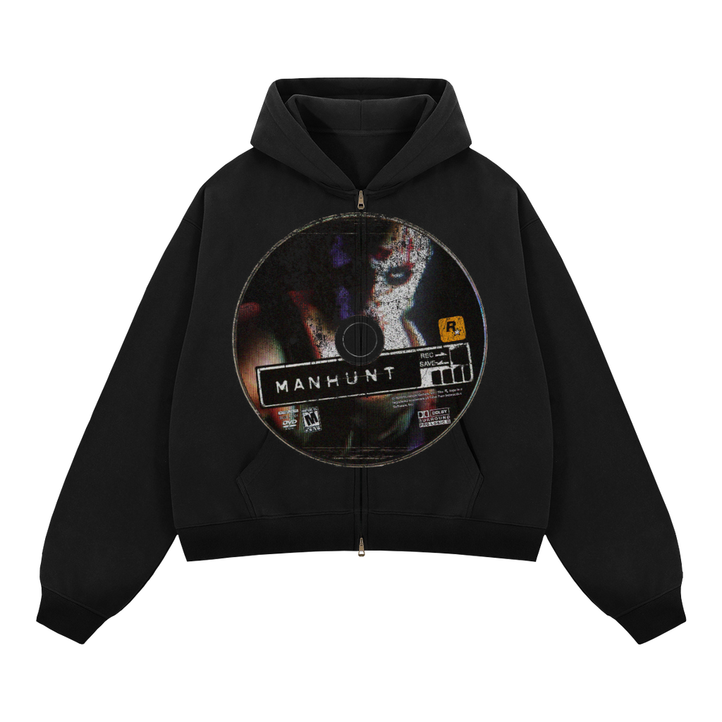 Manhunt Zip Up Cropped Boxy Hoodie Unisex Streetwear 380 GSM Heavyweight Sweatshirt For Cold Weather