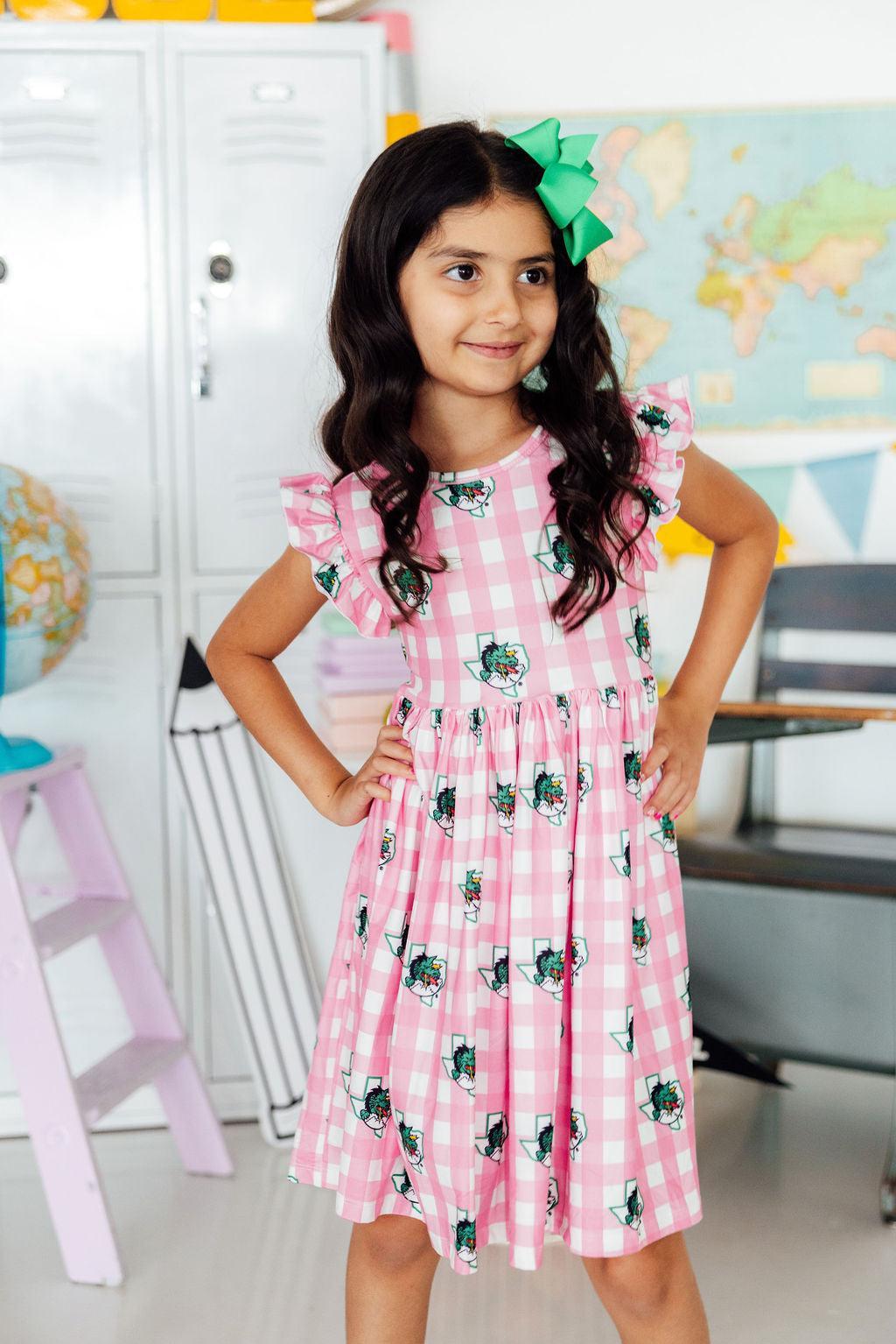 Southlake Carroll Gingham Dragons Flutter Twirl Dress