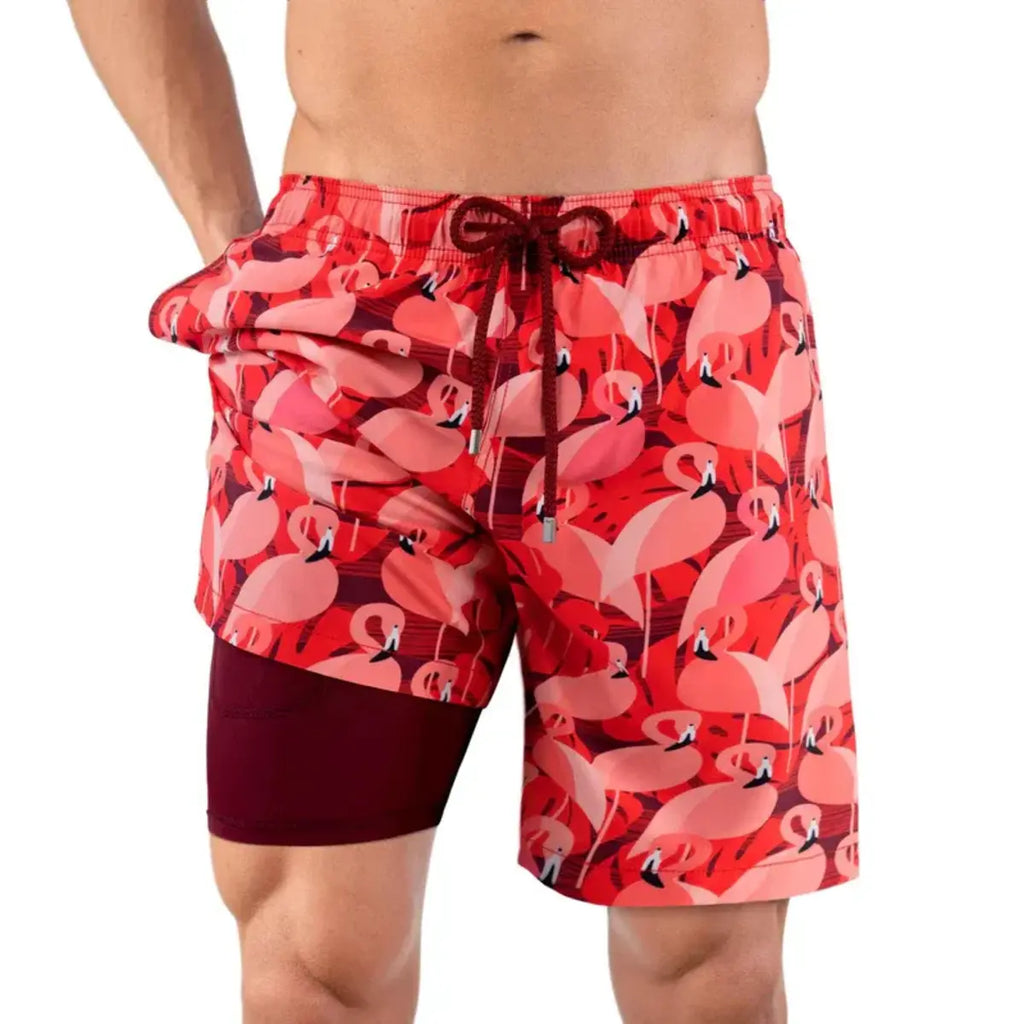 Men’s Premium Compression-Lined Hybrid Shorts – Pink Flamingos