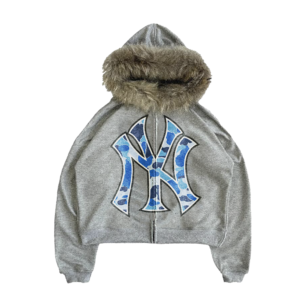 Blue Fur Trim Zip Up Hoodie Unisex Cropped Streetwear Sweatshirt 400 GSM Cotton Limited Edition