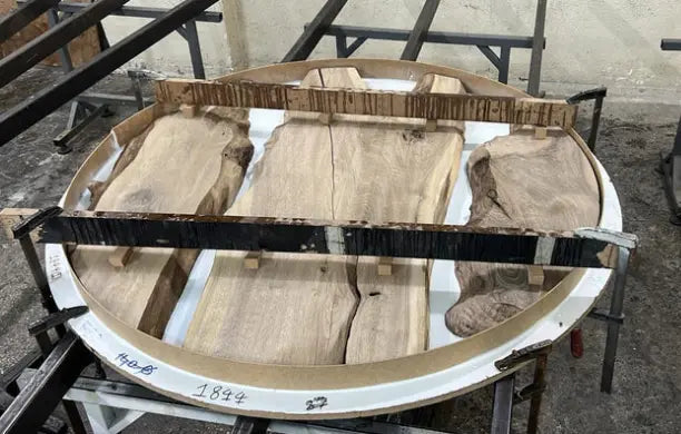 Round Epoxy Resin Table with Wooden Vortex Base Made of Walnut