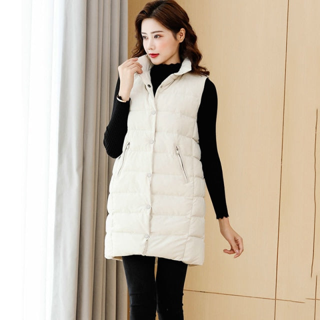 Autumn Winter Coat Women's Solid Loose Vest Stand Collar Long Vest Bodywarm Cotton Padded