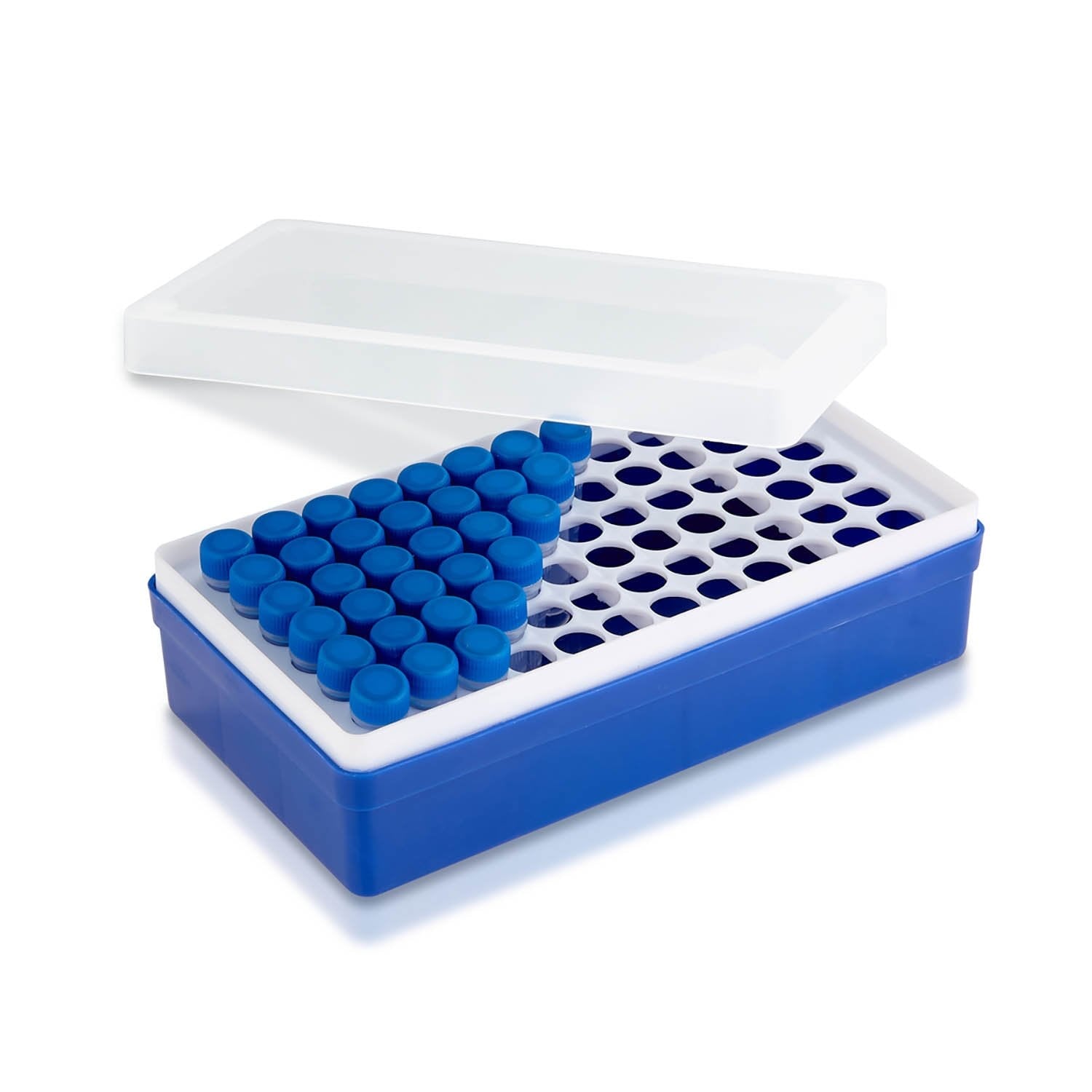 MTC Bio R8013 Ice Rack™ for 72 × 1.5mL tubes, detachable lid, tube platform, and base, numbered cavities, accepts snap cap and screw cap 1.5mL to 2.0mL tubes, 6/cs