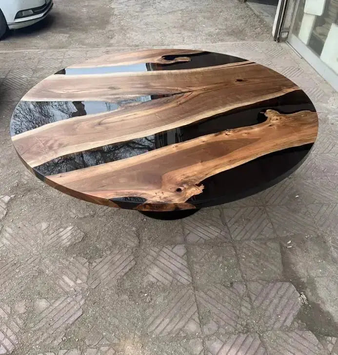 Round Epoxy Resin Table with Wooden Vortex Base Made of Walnut