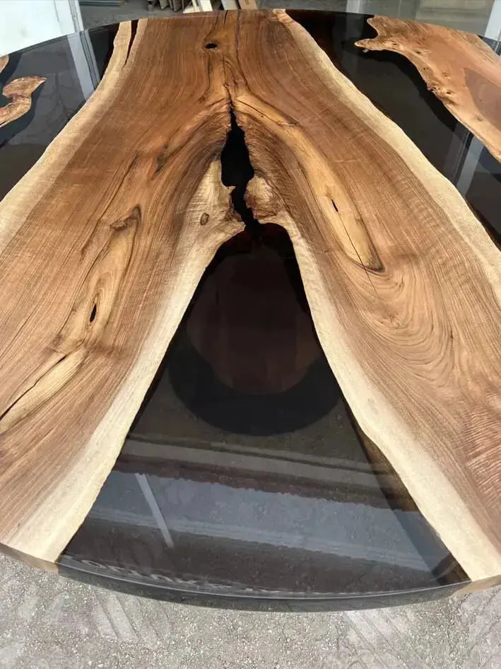 Round Epoxy Resin Table with Wooden Vortex Base Made of Walnut