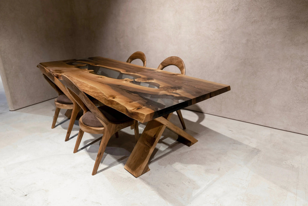 Live Edge Rustic, Epoxy Resin River Dining Room Table Made of Walnut
