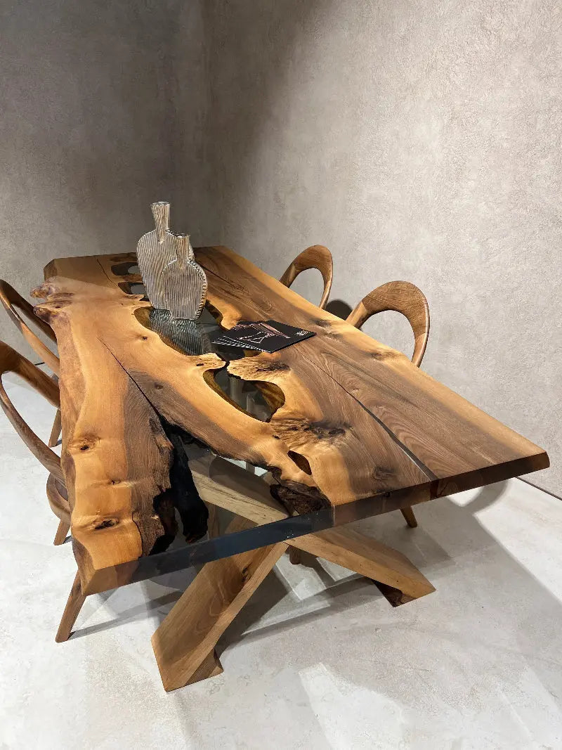 Live Edge Rustic, Epoxy Resin River Dining Room Table Made of Walnut