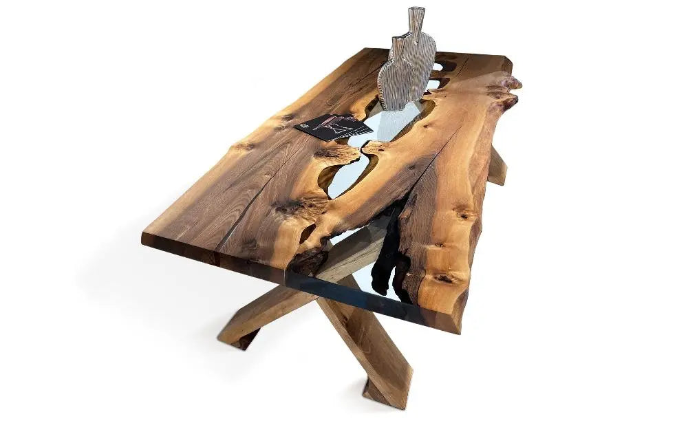 Live Edge Rustic, Epoxy Resin River Dining Room Table Made of Walnut