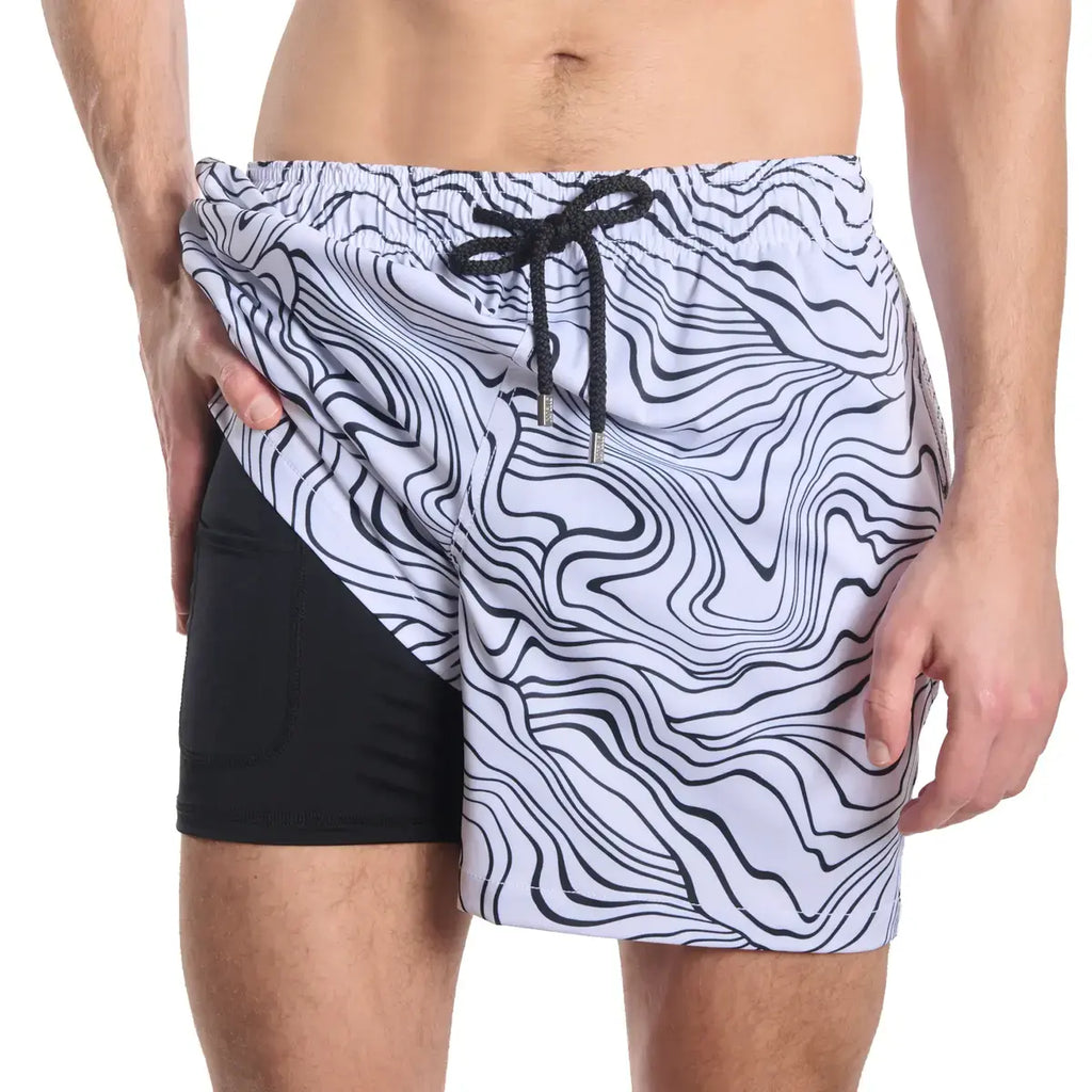 Men’s Premium Compression-Lined Hybrid Shorts – Sand Waves-Surf and Storm