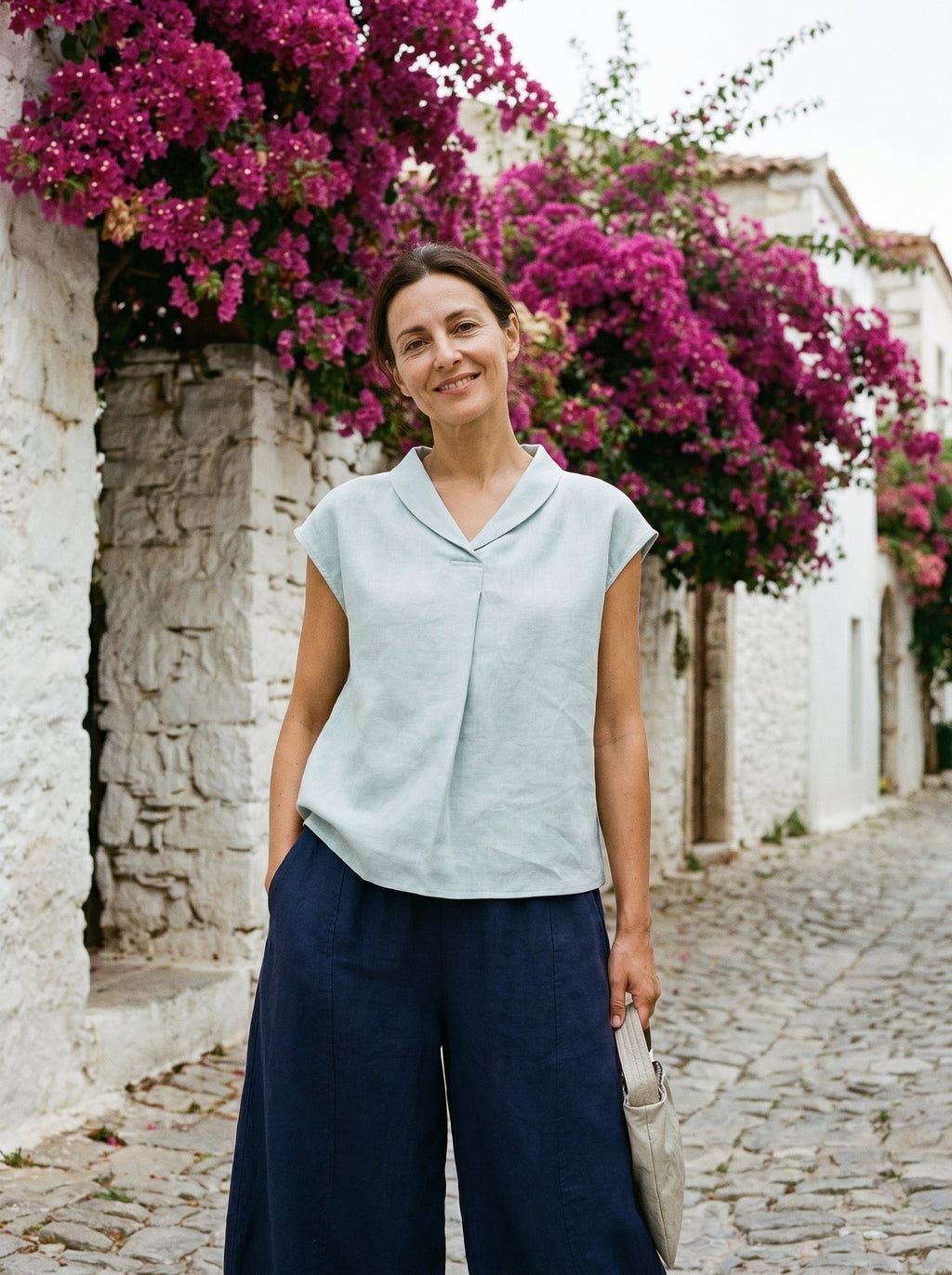 100% Linen Shawl V-Neck Cap Sleeves Top ELARA