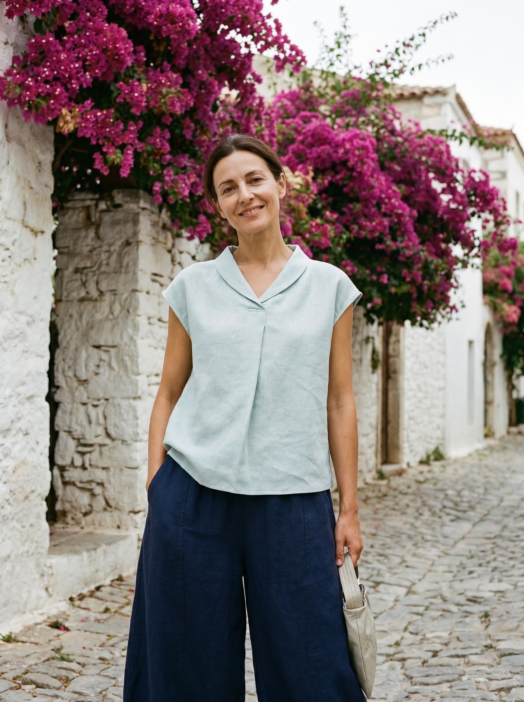 100% Linen Shawl V-Neck Cap Sleeves Top ELARA