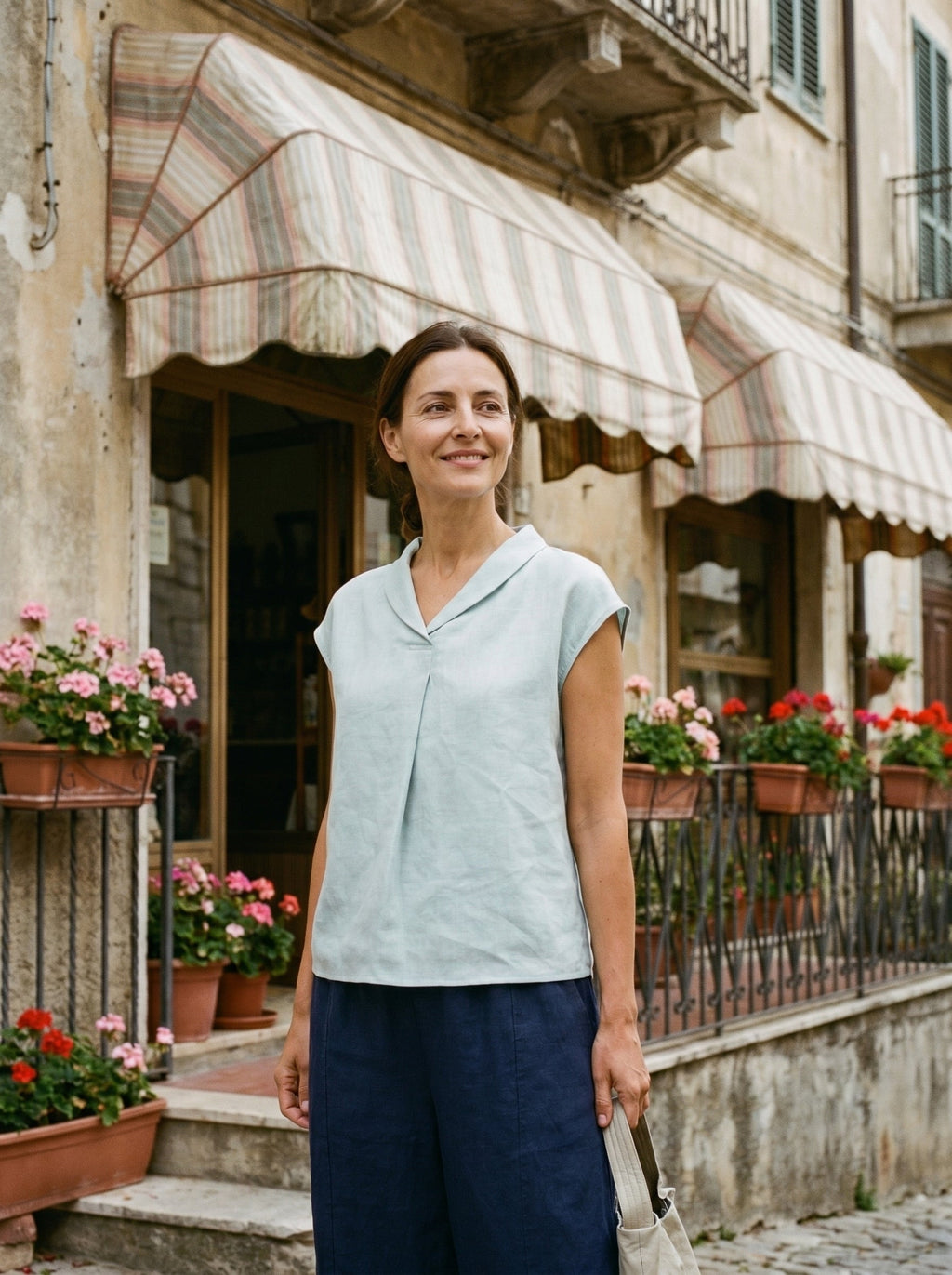 100% Linen Shawl V-Neck Cap Sleeves Top ELARA