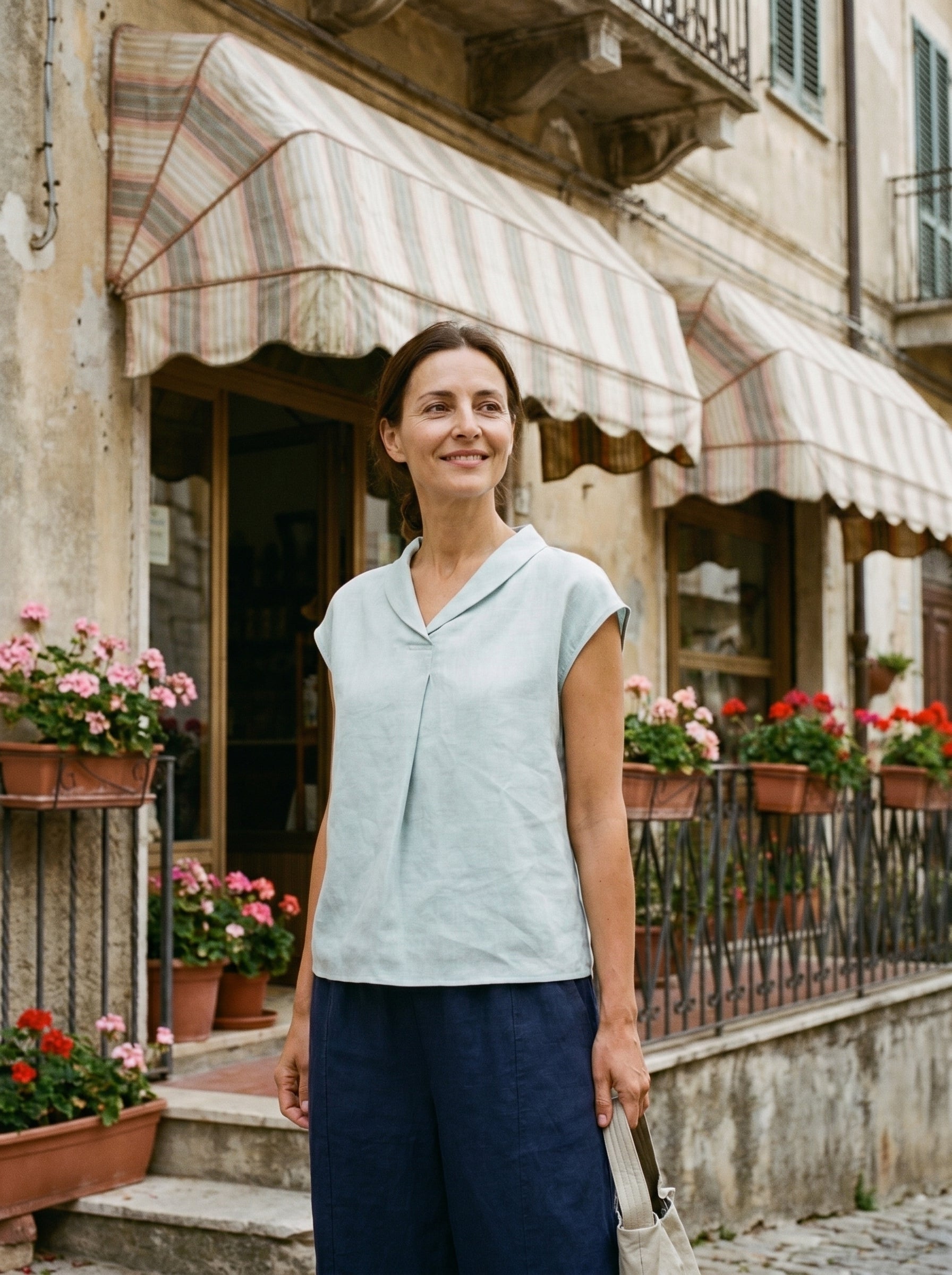 100% Linen Shawl V-Neck Cap Sleeves Top ELARA