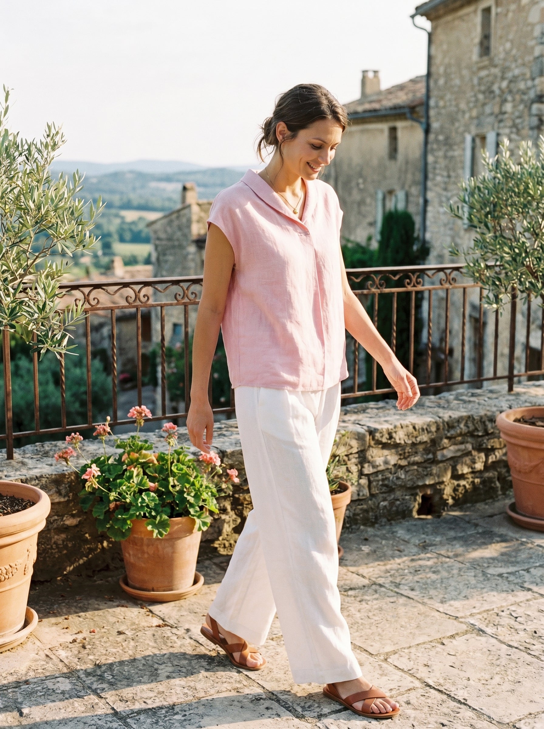 100% Linen Shawl V-Neck Cap Sleeves Top ELARA
