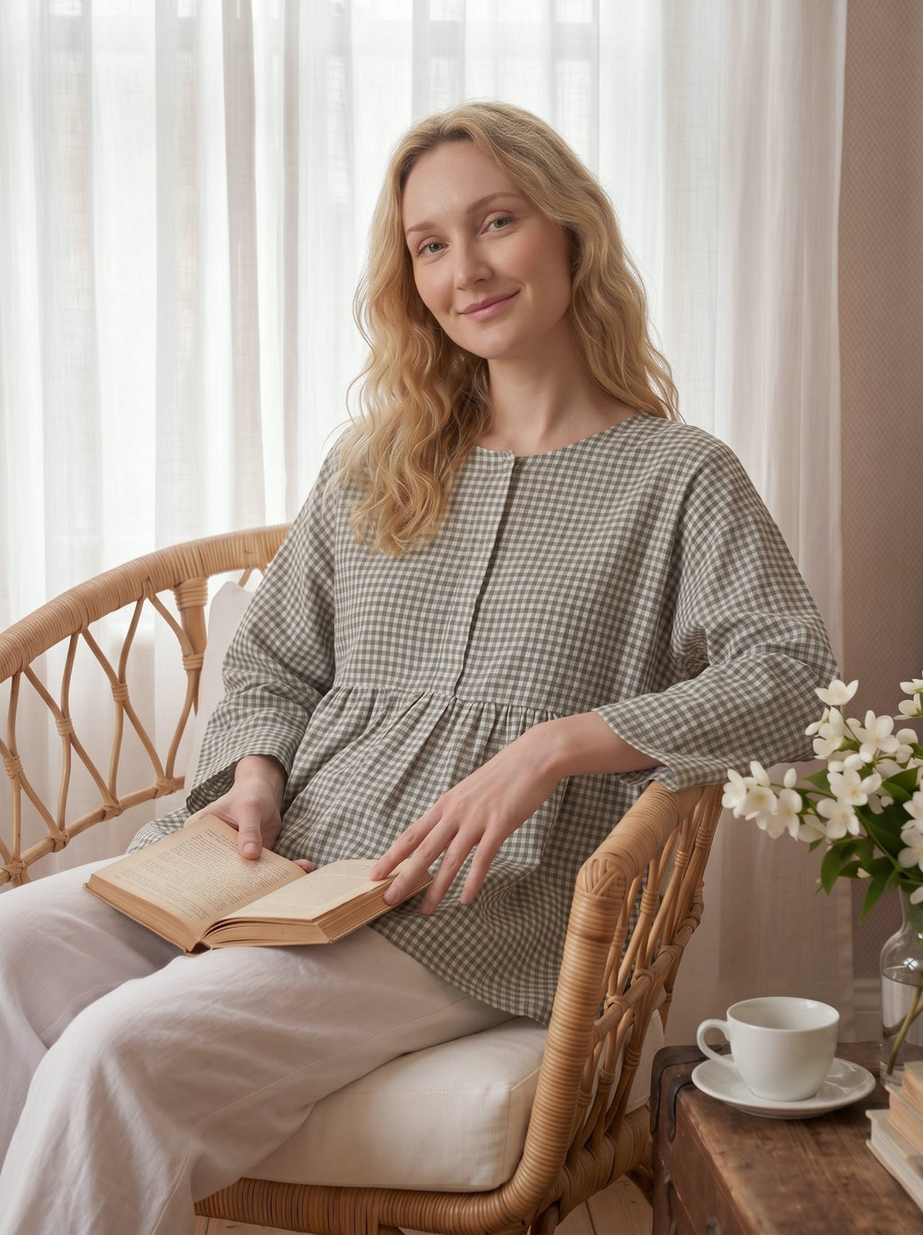 Linen Checked Long-Sleeved Top CAROLINE