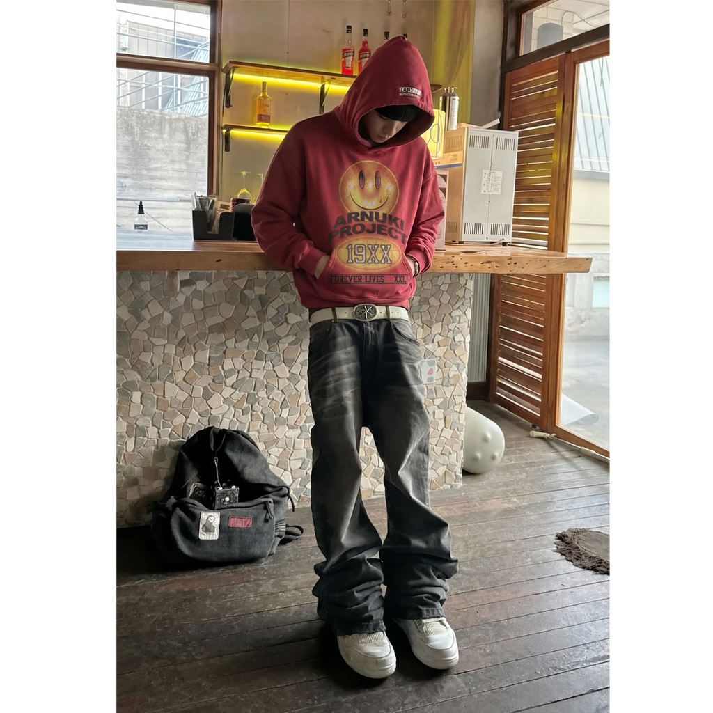 Arnuki Red Smile Streetwear Hoodie 460GSM Y2K Unisex Cotton DTG Graphic